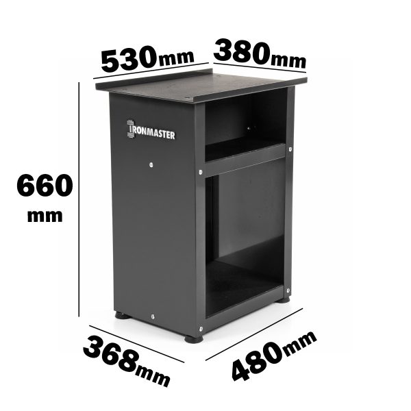The Ironmaster Quick Lock Dumbbell Stand is a black equipment stand with two shelves, measuring 660mm in height, 368mm in depth, 530mm top width, 480mm middle width, and 380mm top depth. Sturdy and functional, its perfect for home gyms.
