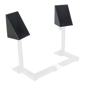 The Ironmaster Dumbbell Spotting Stand BASE features black, triangular metal brackets on silver adjustable stands, connected by a horizontal base bar, offering a minimalistic and functional design ideal for supporting objects.