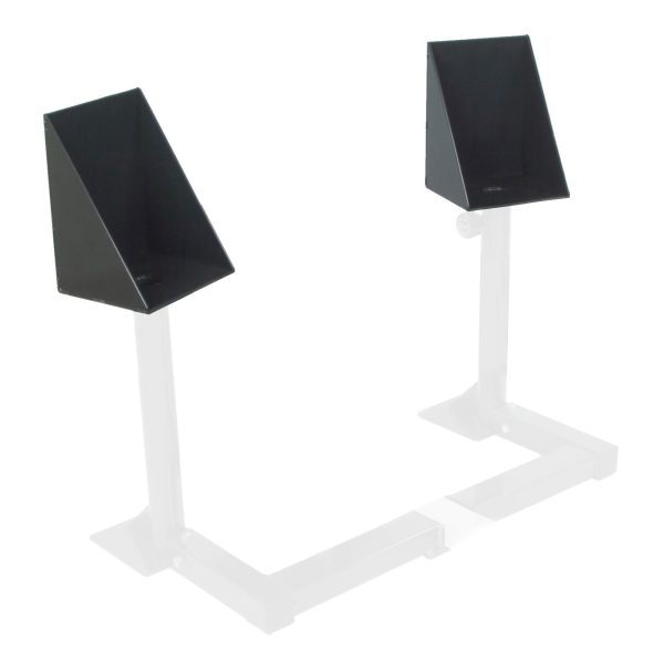 The Ironmaster Dumbbell Spotting Stand BASE features black, triangular metal brackets on silver adjustable stands, connected by a horizontal base bar, offering a minimalistic and functional design ideal for supporting objects.