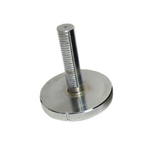 A shiny, silver Standard Kettlebell Locking Screw features a metal cylindrical body with a threaded vertical rod atop a flat, circular base with textured edges for grip.