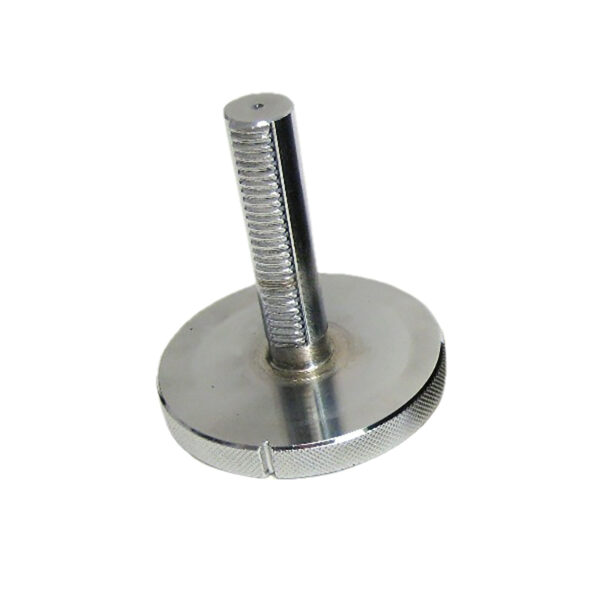 A shiny, silver Standard Kettlebell Locking Screw features a metal cylindrical body with a threaded vertical rod atop a flat, circular base with textured edges for grip.