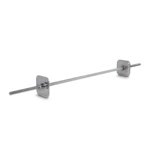 The Ironmaster Straight Barbell, a long metal rod with square washers and nuts on both ends, lies horizontally against a white background.