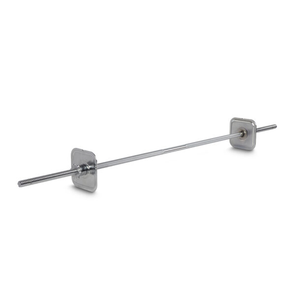 The Ironmaster Straight Barbell, a long metal rod with square washers and nuts on both ends, lies horizontally against a white background.