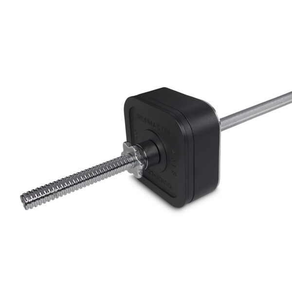 Close-up of the Ironmaster Straight Barbell featuring a square black weight plate and a shiny silver threaded metal rod.
