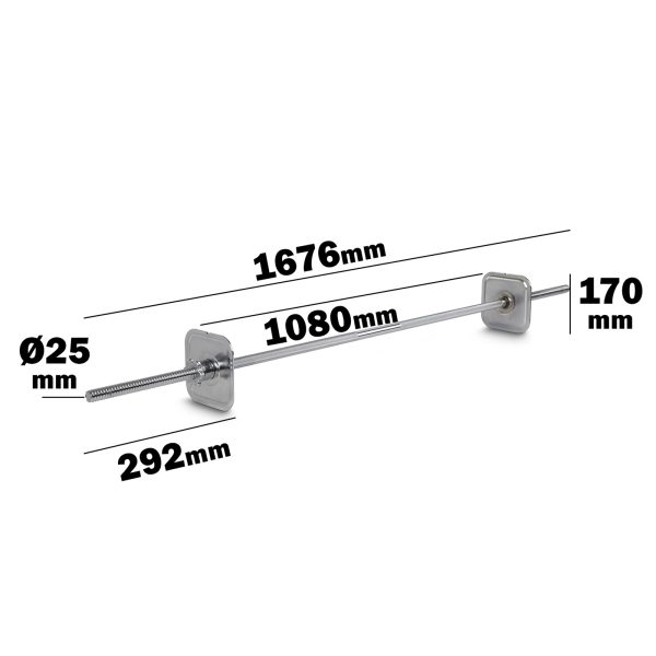 Image of the Ironmaster Straight Barbell with two square end plates. Measurements are labeled: total length 1676mm, central section 1080mm, left section 292mm, right section 170mm, and diameter Ø25mm.
