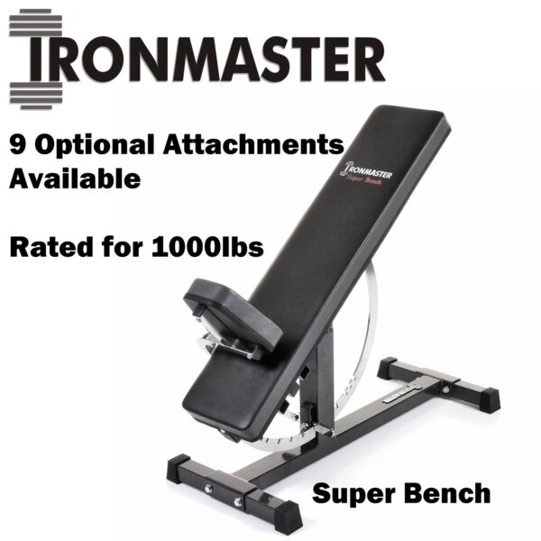 Image of the Ironmaster Super Weights Bench with a black padded seat and adjustable backrest, ideal for your weight bench set. Features include 9 optional attachments and a weight capacity of 1000 lbs. The bench is shown against a white background.