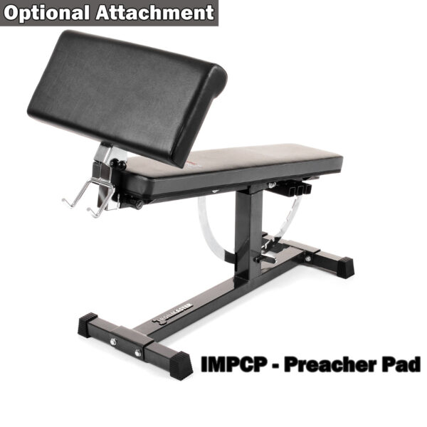The Ironmaster Super Weights Bench with a preacher pad attachment is displayed in a studio setting. This sleek black bench offers padded, adjustable features for versatile workouts, featuring the text Optional Attachment and IMPCP - Preacher Pad.
