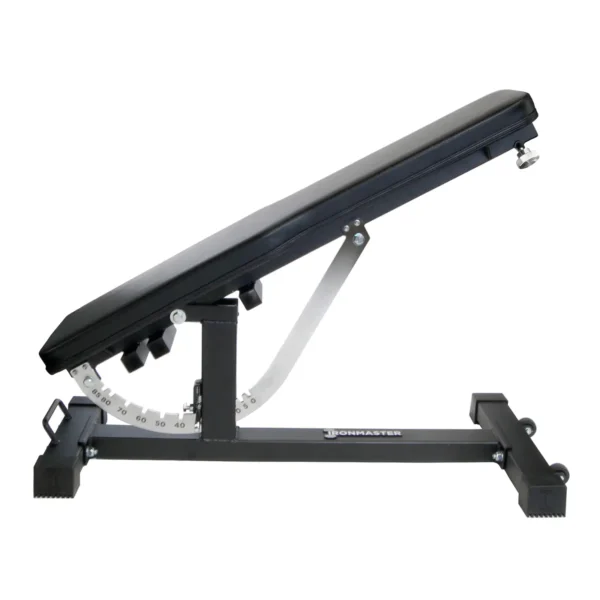 The Ironmaster Super Bench PRO is an adjustable incline weight bench with a black padded surface and sturdy metal frame. It offers various angle settings marked at the base, allowing for customizable workout positions ideal for any exercise regimen.