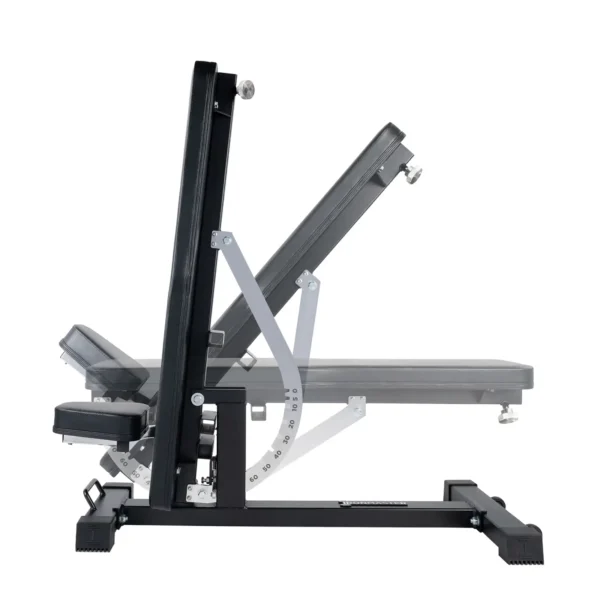 Side view of the Ironmaster Super Bench PRO, featuring a black frame and gray padding. Displayed in multiple incline positions, it highlights its adjustable feature for strength training or fitness routines.