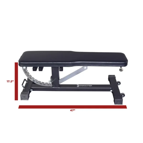 The Ironmaster Super Bench PRO is an adjustable workout bench featuring black padding, a sturdy metal frame with the IRONMASTER logo, incline adjustment, and dimensions of 17.2 inches in height and 47 inches in length.