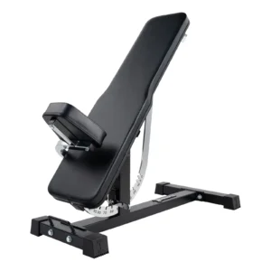 The Ironmaster Super Bench PRO is a sleek black adjustable weight bench with padding, featuring a sturdy metal frame and versatile backrest for all angles of strength training. Its wide base ensures stability, making it the ultimate exercise workout bench.