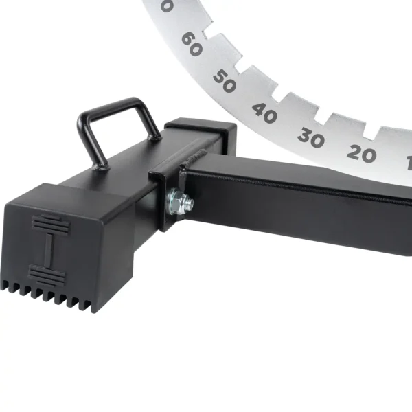 Close-up of a metal protractor with a black adjustable arm, featuring degree markings from 0 to 90. Like the Ironmaster Super Bench PRO, it guarantees precision and stability with its handle-equipped arm and serrated clamp for secure positioning.