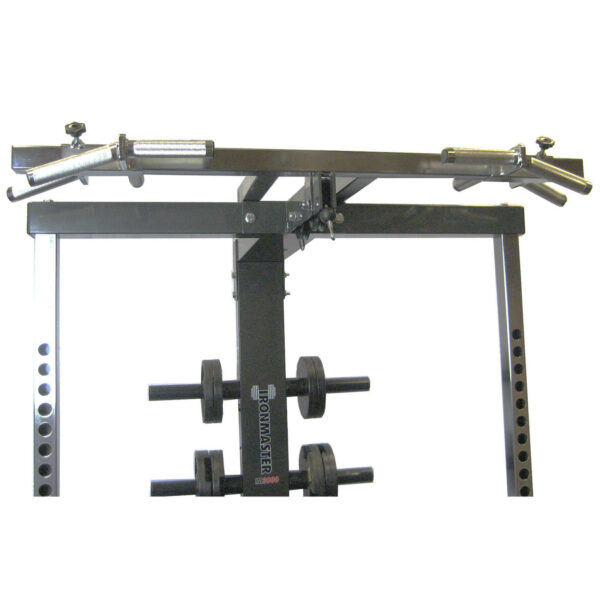 An Ironmaster Ultimate Chin Up Attachment for IM2000 offers steel components with adjustable arms and multiple weights on racks, labeled Ironmaster at the center, set against a plain white background.