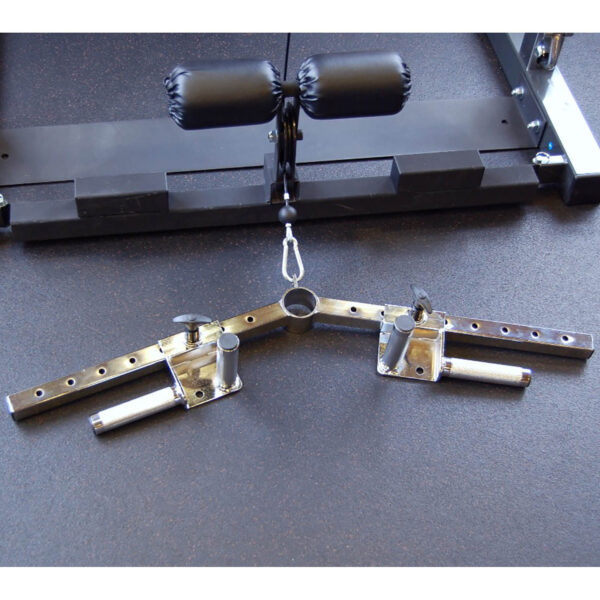 The Ironmaster Ultimate Row Handle is a metal gym equipment attachment with two adjustable arms, each featuring multiple holes for customization. It connects to a cable machine, making it ideal for various exercises.