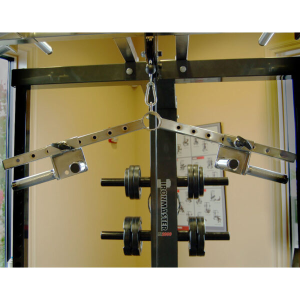 The gym features an Ironmaster Ultimate Row Handle, an exercise machine with adjustable handles on a metal frame. In the background, weight plates are mounted on a rack alongside a wall chart depicting various exercises.