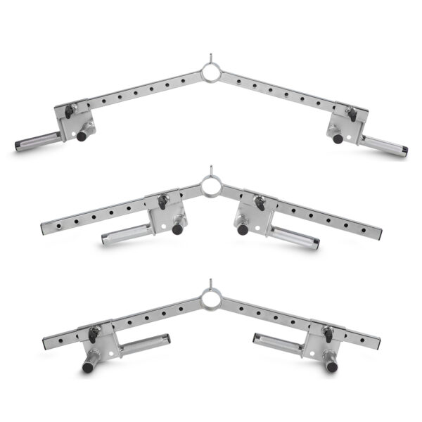 The Ironmaster Ultimate Row Handle consists of three adjustable metal beams with drilled holes and mounting arms in a symmetrical pattern. Each beam includes movable sliders and a central circular connection point, ideal for structural or mechanical assembly use.