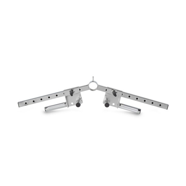 The Ironmaster Ultimate Row Handle is a metal tool featuring two adjustable arms linked by a central ring, with each arm having multiple holes and ending in a cylindrical handle.