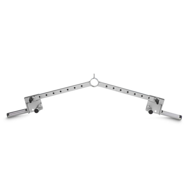 The Ironmaster Ultimate Row Handle is a metal spreader bar featuring a central ring, adjustable holes for versatile rigging or support, and two extending arms equipped with end caps and knobs for easy adjustments.