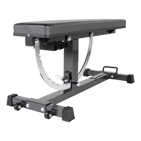 The Ironmaster Wheelkit for Super Bench is a black adjustable weight bench featuring a padded seat, metal supports, rubberized feet, a chrome adjustment mechanism on the side, and wheels for easy mobility.