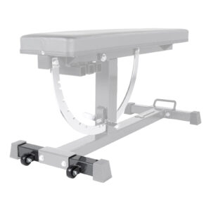The Ironmaster Wheelkit for Super Bench is an adjustable weight bench with a padded seat and backrest, featuring a steel frame with an incline adjustment mechanism and two wheels for easy movement.