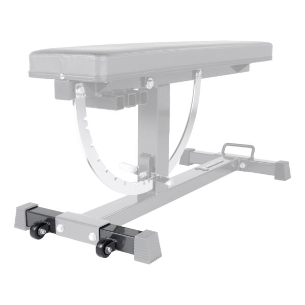 The Ironmaster Wheelkit for Super Bench is an adjustable weight bench with a padded seat and backrest, featuring a steel frame with an incline adjustment mechanism and two wheels for easy movement.
