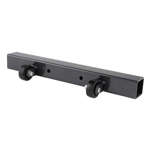 The Ironmaster Wheelkit for Super Bench is a black rectangular metal bar with two black caster wheels attached at each end, featuring multiple holes for mounting against a plain white background.
