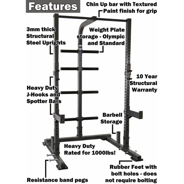 Image of the IM1500 Ironmaster Half Rack showcasing features: chin-up bar, 3mm steel uprights, heavy-duty J-hooks, resistance band pegs, weight plate and barbell storage, bolt-free rubber feet. Rated for 1000 lbs with a 10-year structural warranty.