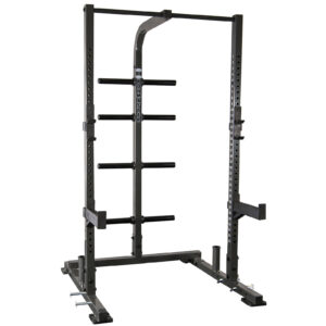 The IM1500 Ironmaster Half Rack is a black power rack featuring adjustable safety bars, multiple weight storage pegs, a top pull-up bar, and adjustable j-cups for barbell support. It is set against a white background.