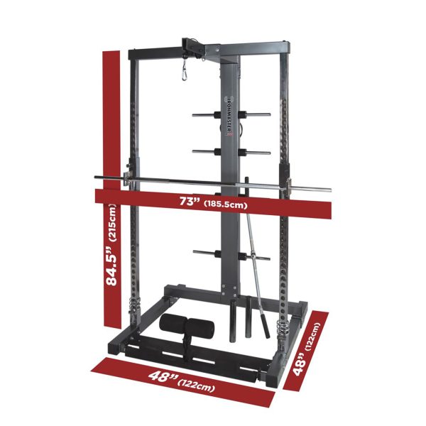 A diagram of the Ironmaster IM2000 Self-Spotting Smith Machine highlights dimensions in red bars: 73 wide, 84.5 tall, and 48 deep. It also shows parts like the pull-up bar and weight plate holders.
