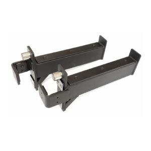 Side-by-side on a white background, two black Ironmaster IM2000 Spotter Arms feature rectangular arms and silver adjustment knobs with a clamp mechanism at one end for secure attachment.