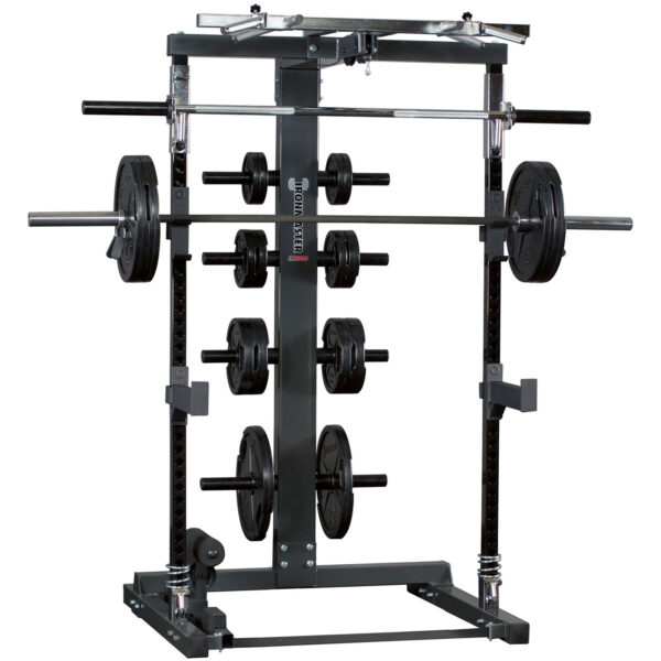 The Ironmaster IM2000 Spotter Arms offer a versatile weightlifting and strength training setup with adjustable barbells and weight plates. This sturdy metal-framed power rack features various attachments for multi-functional workouts.