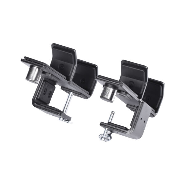 The Ironmaster IM2000 J-Hooks are two black clamps, featuring adjustable knobs and metallic screws, designed to secure objects. They have a sturdy build and are positioned side by side on a white background.