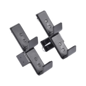 Two Ironmaster IM2000 J-Hooks, black metal brackets with angled arms and two screws each, designed for mounting or holding objects, positioned against a plain white background.