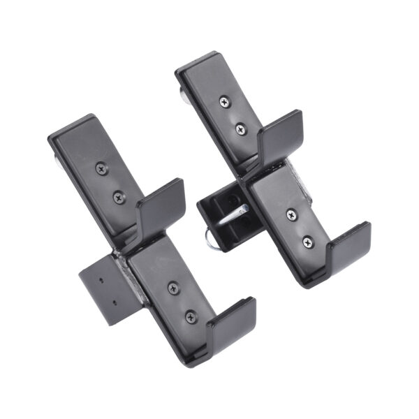 Two Ironmaster IM2000 J-Hooks, black metal brackets with angled arms and two screws each, designed for mounting or holding objects, positioned against a plain white background.