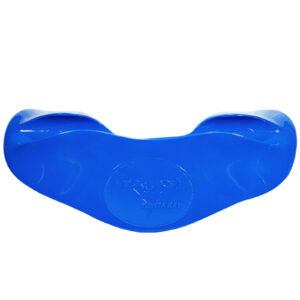 A contoured, bright blue plastic barbell pad featuring The Mantaray Squat logo and a barbell illustration in the center.