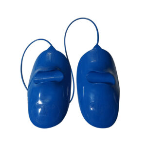 The Mantaray Squat: These blue clown shoes, with a sleek, shiny plastic finish and elastic bands, are designed to be worn over regular shoes. Perfect for costumes, they add a whimsical touch to any outfit.