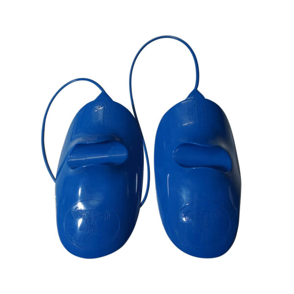 The Mantaray Squat: These blue clown shoes, with a sleek, shiny plastic finish and elastic bands, are designed to be worn over regular shoes. Perfect for costumes, they add a whimsical touch to any outfit.