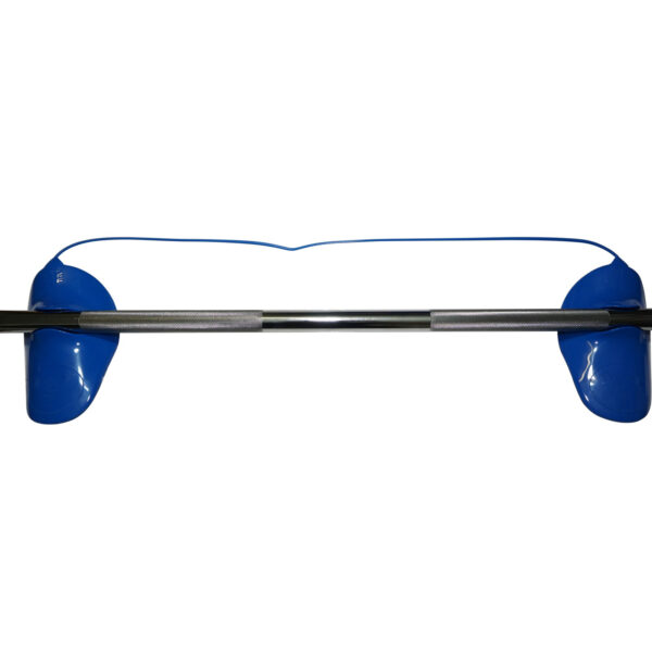The Mantaray Squat blue swim paddles feature a mantaray-inspired design, connected by a blue string and have a black rod through two gray grips. These ergonomic paddles are ideal for swim training, enhancing water resistance for an effective session.