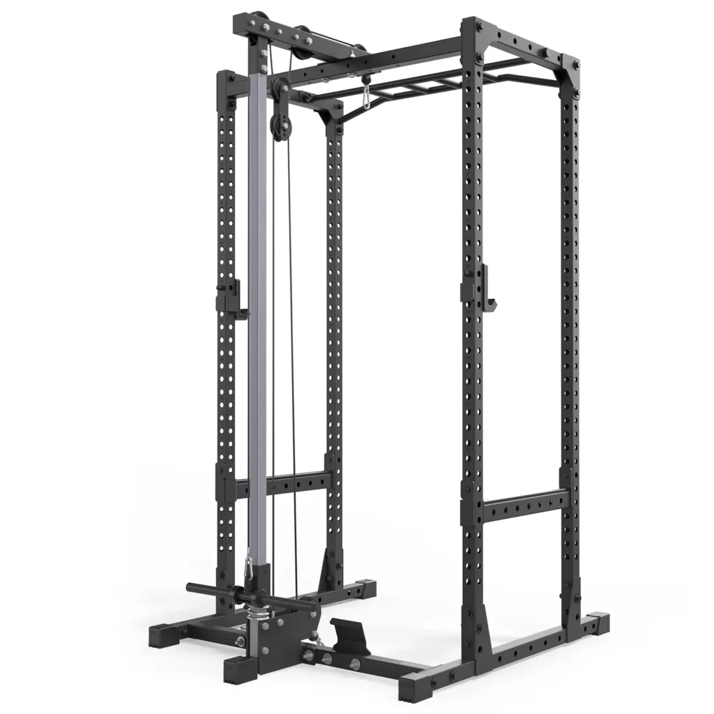The ATX® Power Rack 520 215cm System Plate Loaded is a black, metal home gym cage featuring multiple pulleys, a cable crossover system, and adjustable height levels. It’s designed for strength training exercises with a stable rectangular base.