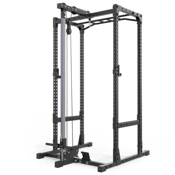 The ATX® Power Rack 520 215cm System Plate Loaded is a black, metal home gym cage featuring multiple pulleys, a cable crossover system, and adjustable height levels. It’s designed for strength training exercises with a stable rectangular base.