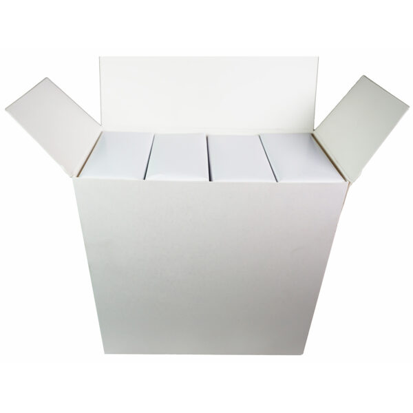 An open white cardboard box containing four neatly arranged smaller chalk boxes, viewed from above, with the flaps folded outward. The plain white background emphasizes the clean and minimalistic design. Perfect for organizing gym chalk for your next workout session.