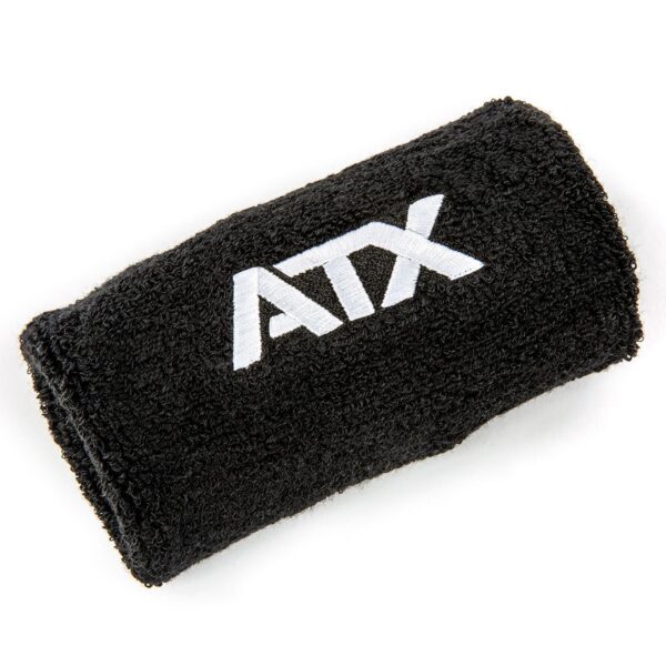 The Kettlebell Wrist Guard is a soft, absorbent black wristband with ATX embroidered in white, ideal for athletic use.