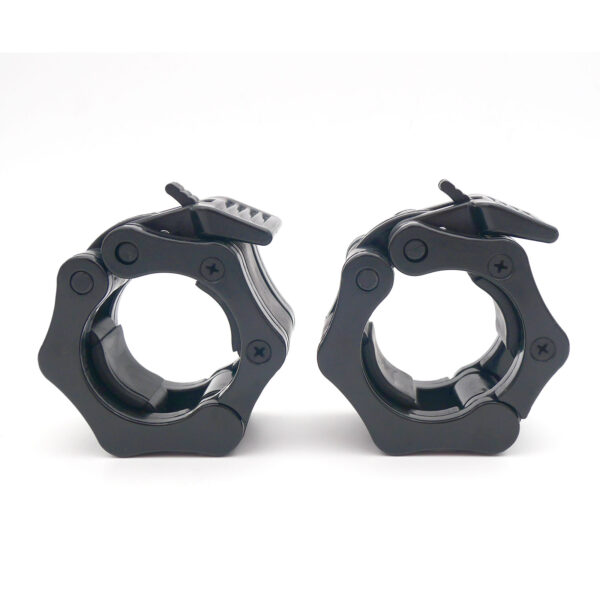 A pair of black Olympic Lock Jaw Collars, made of plastic with locking mechanisms to secure weight plates on a barbell, featuring an easy lever for attachment and release. They are displayed side by side on a white background.