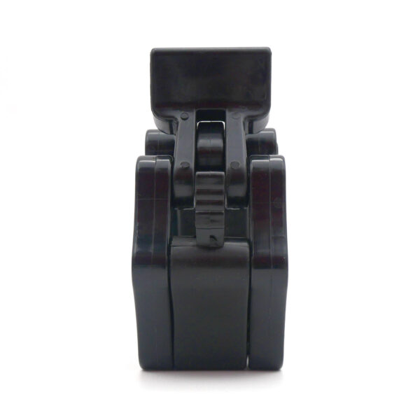 Viewed from the front, this small black plastic clip-on table fan features a circular base and adjustable hinge mechanism, offering precision and a secure grip similar to Olympic Lock Jaw Collars.