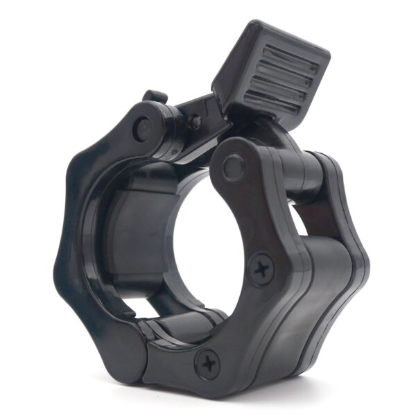 The Olympic Lock Jaw Collars in black plastic feature a locking mechanism and textured lever to secure weights on a barbell, ensuring stability during workouts. Ideal for gym use, these collars keep your workout safe and efficient.