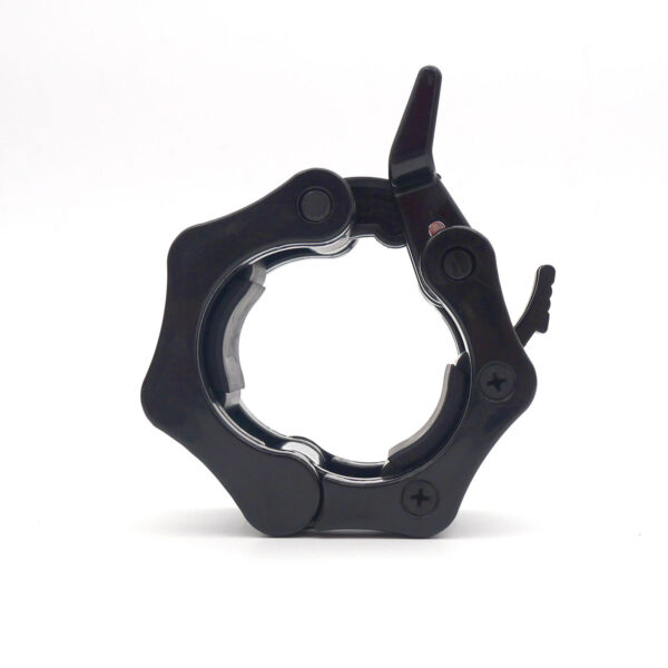 A metallic black Olympic Lock Jaw Collar with multiple hinges and a lever secures objects. It features a circular opening and two visible screws, set against a plain white background.