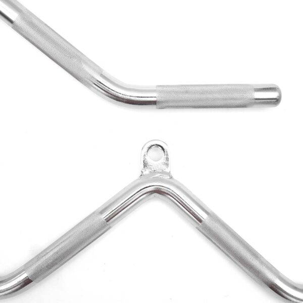 Close-up of an Arm Bar against a white background. One handle is straight, while the other is V-shaped with a center loop. Both feature textured grips.