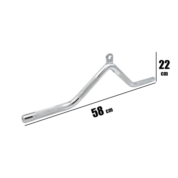 The Arm Bar is a silver, V-shaped metal exercise handlebar measuring 58 cm wide and 22 cm high, featuring a small loop at the top for gym equipment attachment.
