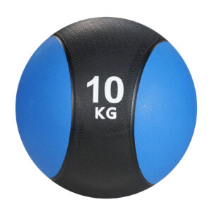 A black medicine ball from the Medicine Balls 2kg - 10kg series, featuring two blue panels, a textured surface for grip, and marked with 10 KG.