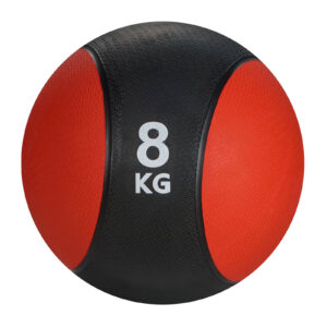 A black Medicine Ball from the 2kg - 10kg range featuring red panels and 8 KG printed on it.